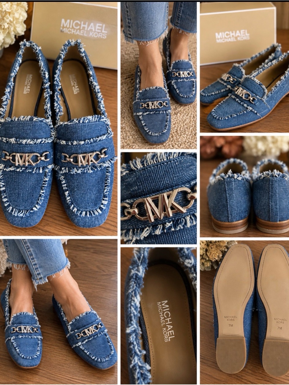 Michael Kors Denim Frayed MK Logo Loafers - Blue